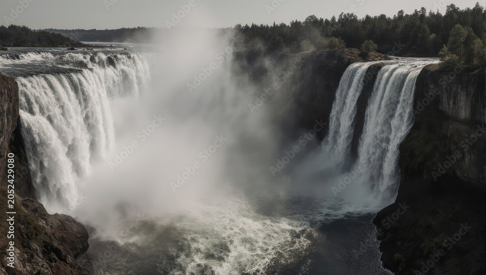 Obraz premium Powerful Waterfalls Cascading into a Misty Gorge on a Cloudy Day.