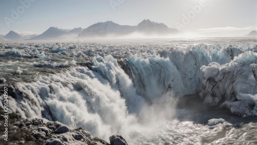 Majestic waterfall cascading over icy terrain with mountains in the distance under a bright sky.