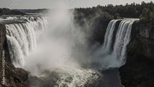 Powerful Waterfalls Cascading into a Misty Gorge on a Cloudy Day.