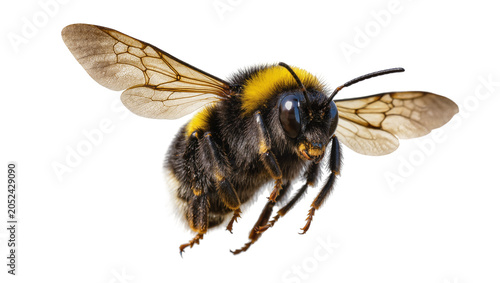 Foto Bumblebee with fuzzy black and yellow body and wings in flight