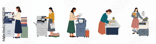 Canvastavla Set of flat illustrations featuring female office workers operating various multi-function photocopiers and printers for document scanning, printing, and copying tasks