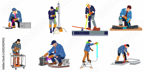 Cuadro en lienzo Flat illustration set of professional film crew technicians and grips working with cables and equipment using colorful gaffer tape on a production set