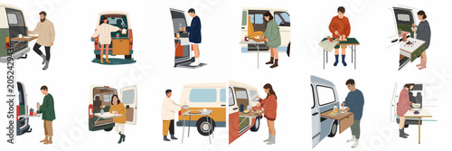Foto Flat illustrations of people cooking and enjoying meals during camper van adventures, depicting the nomadic van life lifestyle in a modern, minimalist style