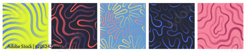 Deformed fluid uneven organic lines vector funky groovy maze square backgrounds set. Modern gradient doodle dynamic pattern collection. Uneven hand drawn wavy twisted liquid curved stripes waves