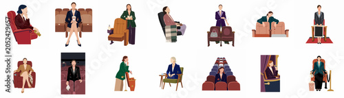 фотографія Elegant women in minimalist flat vector style enjoying various cinema and theater experiences, featuring popcorn, tickets, and classic auditorium seating