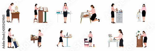 Set of flat vector illustrations depicting a female notary or legal professional stamping documents and working in various office scenarios.