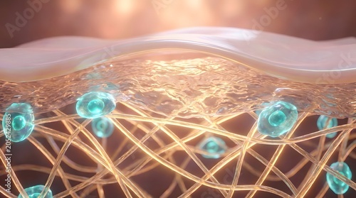 Skin regeneration process repairing with glowing blue cells and golden collagen fiber network background