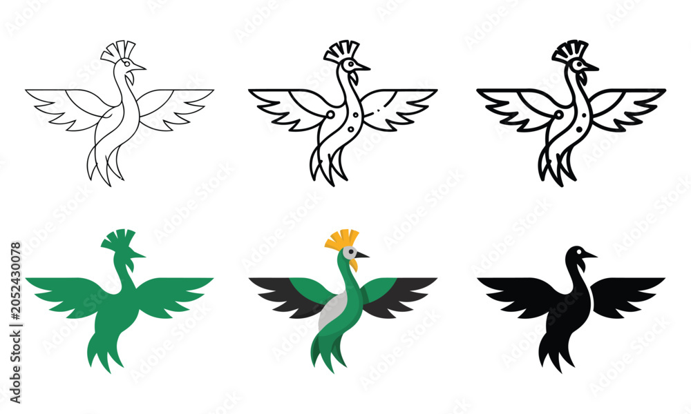 Fototapeta premium Six stylized peacock or phoenix bird in outline and solid variations
