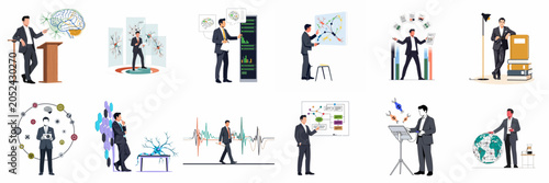 Collection of businessman illustrations showcasing themes of neuroscience, data analysis, technology, scientific research, and global business strategies in a flat style.