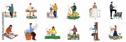 Foto Set of diverse people painting and sketching outdoors in various settings like parks, gardens, and balconies, showcasing creativity and leisure activities