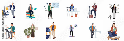 Set of Various Professional People Working in Different Creative and Educational Fields Flat Vector Illustration