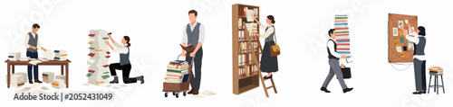 Obraz na plátně Set of flat vector illustrations showing office workers and archivists managing large volumes of paperwork, files, books, and information in a professional setting