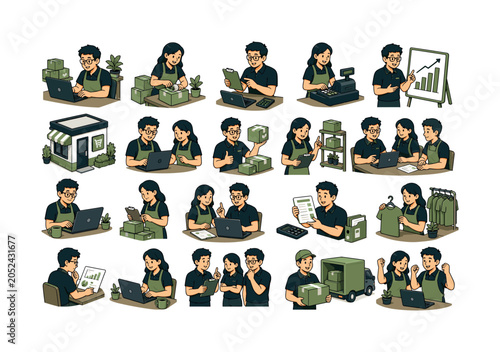 Small Enterprise Business collection of digital illustrations NOT icons NOT symbols, 12?20 character-driven small scenes of entrepreneurs managing shops, packing products, reviewing invoices, using