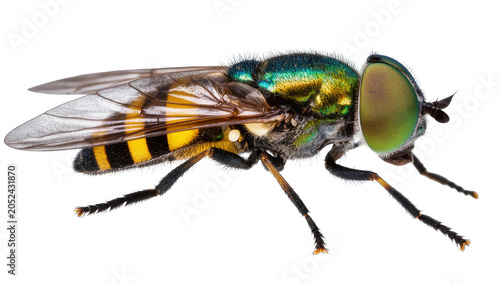 Foto Green metallic horse fly with yellow striped abdomen and wings