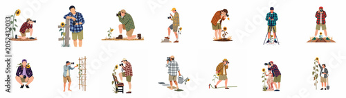 Foto A collection of flat vector illustrations depicting male photographers in plaid shirts capturing photos of sunflowers in various outdoor garden settings