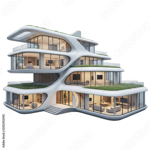 Modern multi-story house architectural illustration with interior views