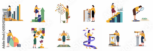 Set of flat illustrations featuring a businesswoman exploring financial concepts such as compounding interest, investment growth, stock market analysis, and wealth management.