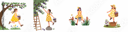 Fotografía A young girl in a yellow daisy-patterned dress picking plums and carrying buckets of harvest in a set of cute garden-themed illustrations
