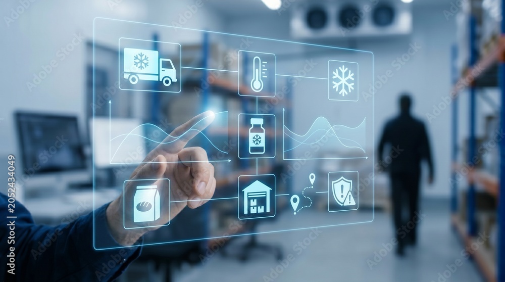 Obraz premium Warehouse Manager Using Digital Cold Chain Logistics Interface for Supply Chain Monitoring
