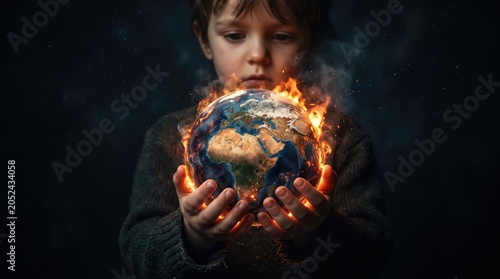 Concerned child holding burning Earth globe, symbolizing climate change