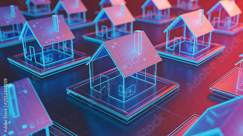 Futuristic Smart Home Network with Neon Holographic Houses and Digital Real Estate Technology