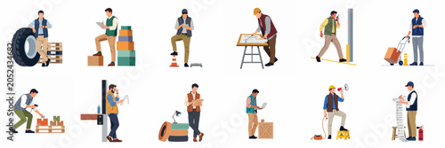 Foto Flat vector illustration set of warehouse and logistics workers performing tasks like inventory management, scanning packages, site planning, and delivery coordination