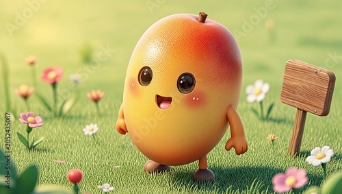 Cute cartoon mango isometric character standing happily in a sunny meadow with wildflowers and a wooden signpost for a whimsical and playful summer garden scene
