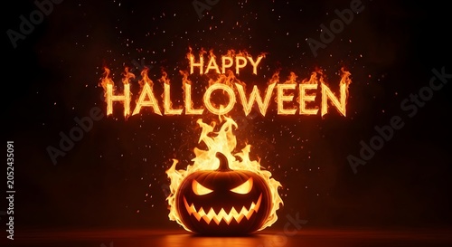 Happy halloween text with a flaming jackolantern pumpkin on a dark background, fiery typography and glowing embers, spooky holiday celebration