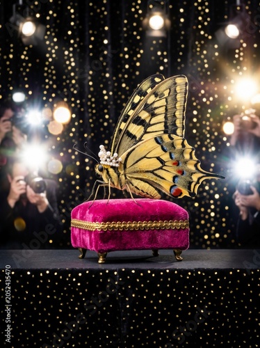 Butterfly with Crown on Velvet Cushion Surrounded by Paparazzi Flashes