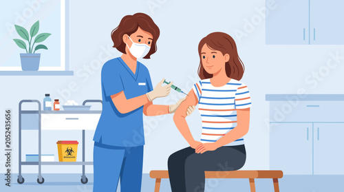 Nurse giving vaccine injection to a female patient's arm in a medical clinic, promoting immunization and public health.