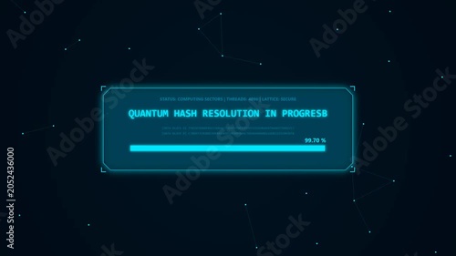 Blue futuristic network background terminal executing a quantum hash resolution data decryption sequence