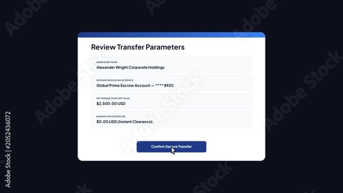 Financial mobile banking application interface executing a successful escrow fund transfer transaction