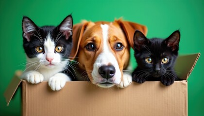 Three cute pets a dog and two kittens poke their heads out of a cardboard box against a bright green background. They look curious and ready for adoption.