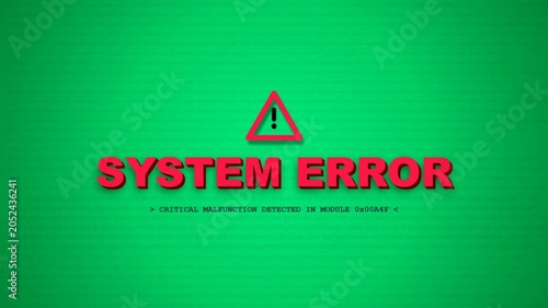 Motion graphic animation of a critical system malfunction error message alert on green background