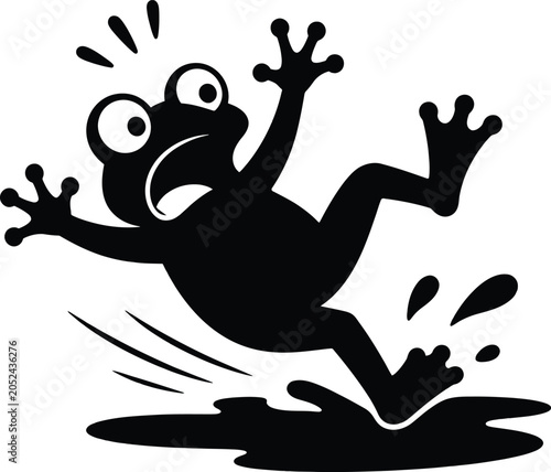 Canvas Print Black silhouette of a scared frog slipping and falling into a puddle of water