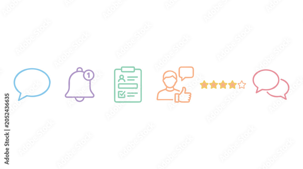 Obraz premium Digital communication feedback review notification customer service icons illustrating various aspects of online interaction, user experience, and customer satisfaction.