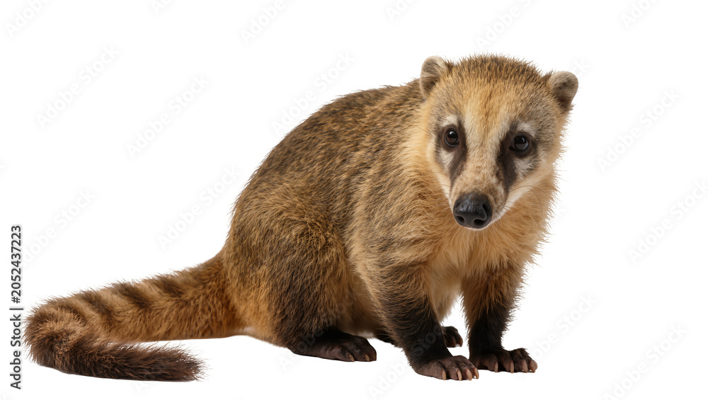 Naklejka premium Coati with striped tail sitting on white