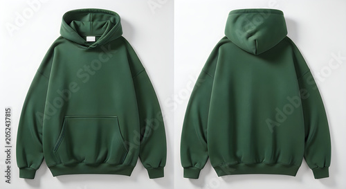Front and back view of a plain dark green oversized hoodie