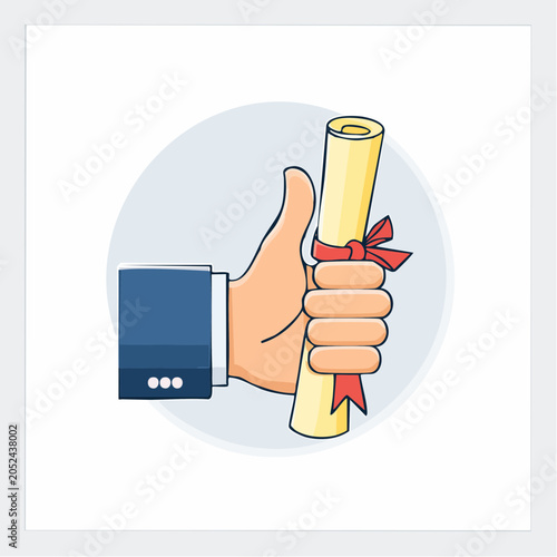 Hand holding a diploma with a thumbs up gesture