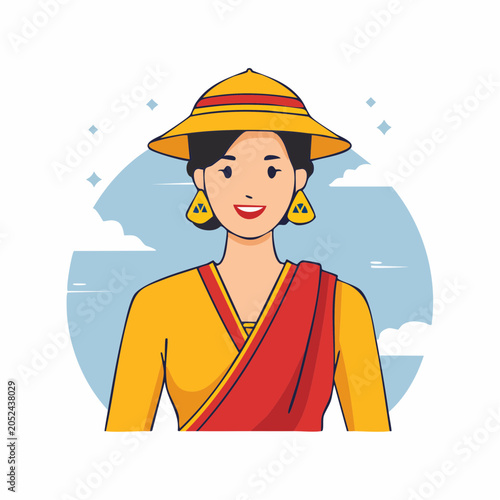 Illustration of a Woman in Traditional Attire with a Conical Hat