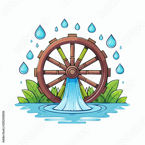 Water Wheel Illustration with Falling Raindrops