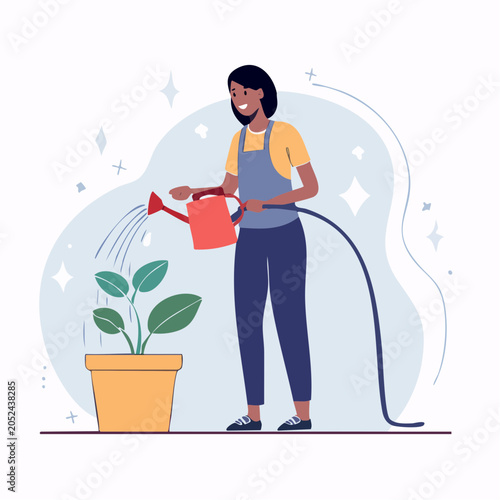 Woman watering a potted plant with a watering can