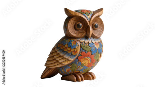 Cuadro en lienzo Wooden owl sculpture with colorful floral carvings