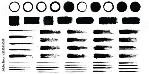 Foto Set of black ink brush stroke elements circles squares and lines for artistic gr