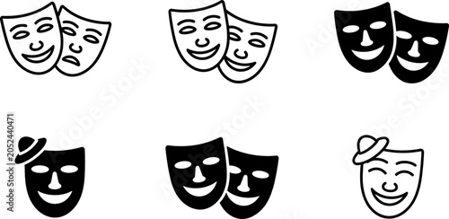Slika na platnu Black and white theatrical mask icons showing comedy and tragedy variations repr