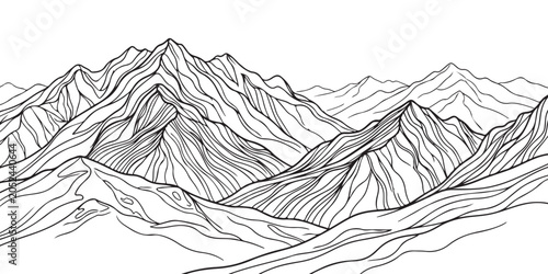 Cuadro en lienzo Black and white line art drawing of a mountain range landscape