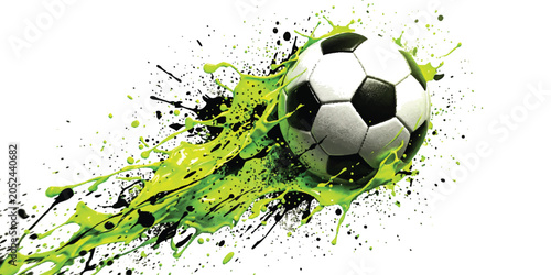 Foto Soccer ball moving fast with dynamic bright green and black paint splash explosi