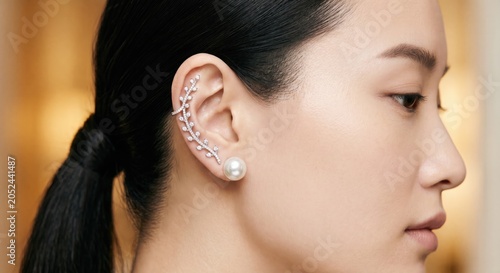 Asian woman with elegant pearl and diamond earrings