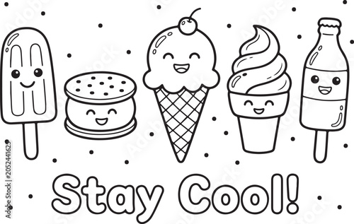 Cute kawaii summer treats illustration with 'stay cool ' text