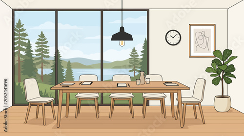 Modern dining room interior with a panoramic forest and lake view.